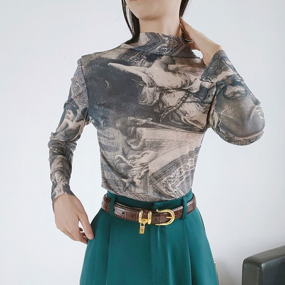 Spring Renaissance Print Vintage Top Turtleneck Long Sleeve Blouse Women Spandex Bodycon Ladies Slim Tops 210428