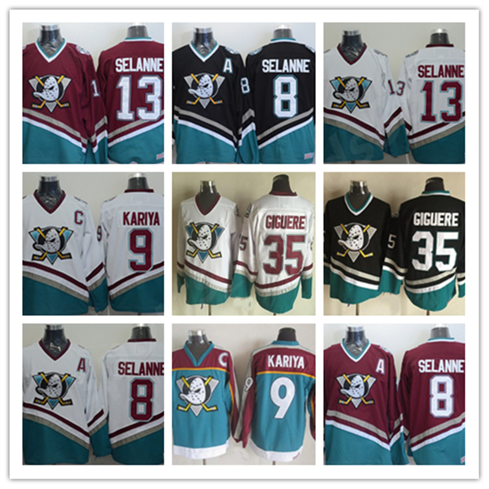 Vintage Anaheim Mighty Ducks Hockey Jerseys 8 Teemu Selanne 9 Paul Kariya 35 Jean-Sebastien Giguere 1998 CCM Jersey, Black;red
Vintage Anaheim Mighty Ducks Hockey Jerseys 8 Teemu Selanne 9 Paul Kariya 35 Jean-Sebastien Giguere 1998 CCM Jersey, Black;red