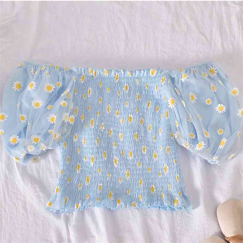 Floral Print Female T Shirt Tops Summer Sweet Puff Sleeve Short Tee Slash Neck Small Daisies Mesh 210708, Black
Floral Print Female T Shirt Tops Summer Sweet Puff Sleeve Short Tee Slash Neck Small Daisies Mesh 210708, Black