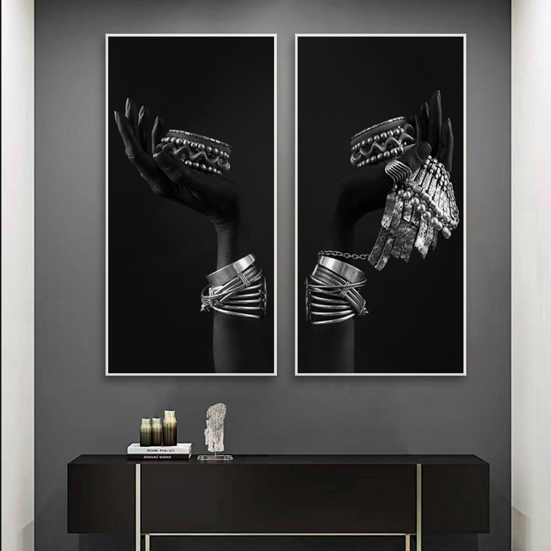 Black and Gold African Woman's Hand Canvas Poster Modern Wall Art Picture Silver Jewelry Oil Painting For Living Room Decoration
