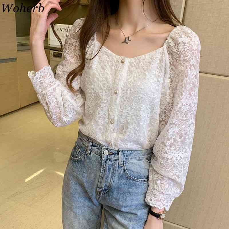 Korean Vintage Women Shirt Square Collar Fashion Lace Tops Crochet Hollow Out Loose All Match Long Sleeve Blusas Mujer 210519