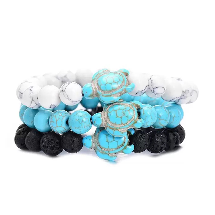 European Popular Sea Turtle Beaded Bracelets For Women Men Classic 8MM Turquoise Lava Stone Elastic Luck Strand Buddha Bracelets Summer Beach Jewelry