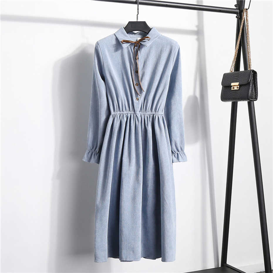 S-XL Bowtie Corduroy Dress Women Autumn Winter Lapel Single-breasted Elastic Waist Slim Vestidos Plus Size A-Line 210601