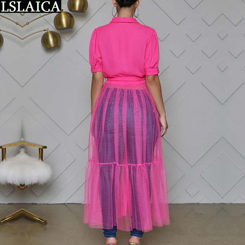 Women Blouses Party Solid Loose Holidays Patchwork Elegant Classy Turn Down Collar Wild Mesh Casual Midi 210520