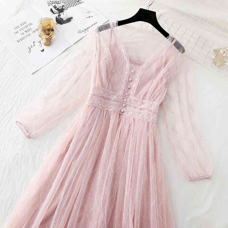 Solid Color Women Dress 2-piece Set Spring Summer Vintage Sweet Mesh Dresses Long Sleeve Party Dress Robe Femme Vestido 210521