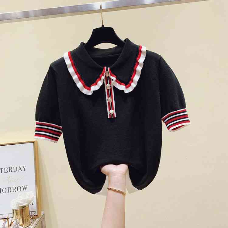 Summer Retro Peter pan collar Hit Color Short Sleeve Knitted pullover Casual T-shirts For Women Tees 210519