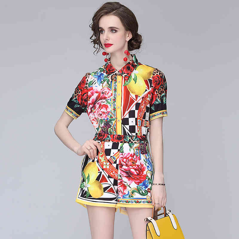European and American style women's fashion lapel short-sleeved top + shorts printing suit 2-piece 210525, Yellow
European and American style women's fashion lapel short-sleeved top + shorts printing suit 2-piece 210525, Yellow