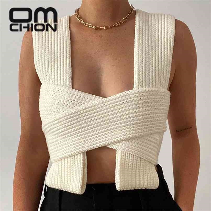 OMCHION Pull Spring Summer Bow Cross Strap Knitted Sweater Vest Women Sexy Crop Top DIY Tie Clothing Sleevless Jumper LN08 210819