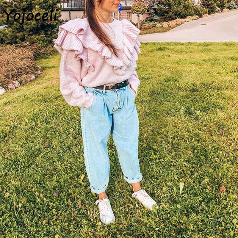 Yojoceli streetwear cute ruffle sweater women o neck cool knit pullover jumper 210609