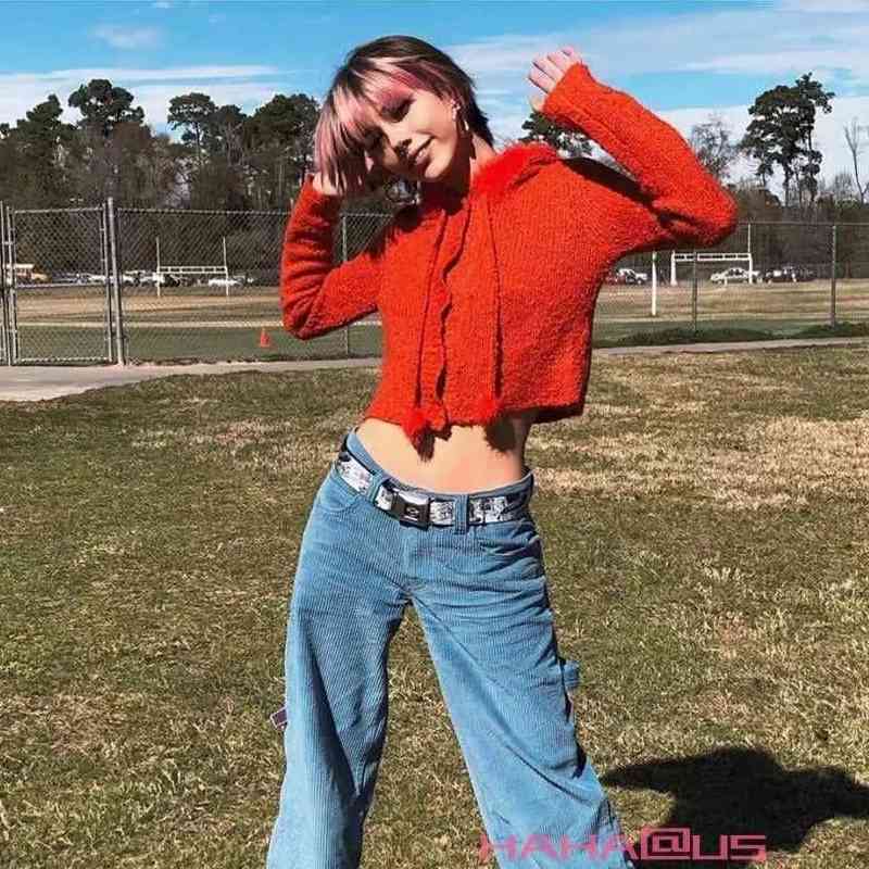 Women Slouchy Silhouette Cropped Knit Hoodie with Drawstring Pom-poms Furry Crop Hooded Sweater 210512