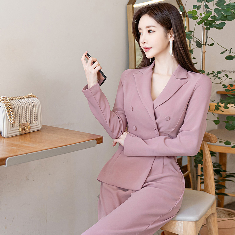 Fashion Women's Wide leg Jumpsuit Rompers Womens Double breasted Pink Women office Long sleeve Playsuits 210520