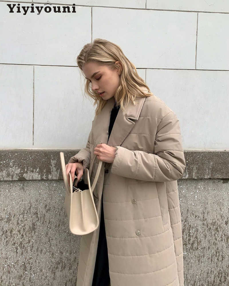 Yiyiyouni Autumn Winter Belted Long Cotton Padded Jackets Women Covered Buttons Casual Outerwear Thick Parkas Female Snow Coat 211007wtt
