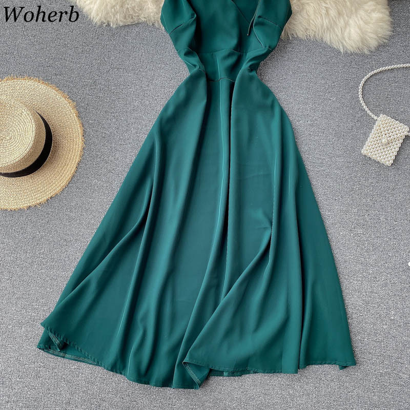 Women Sexy Backless Dress Korean V Neck Sleeveless A-line Dresses Off Shoulder Lace-up Vestidos Mujer Summer Elegant Robe 210519