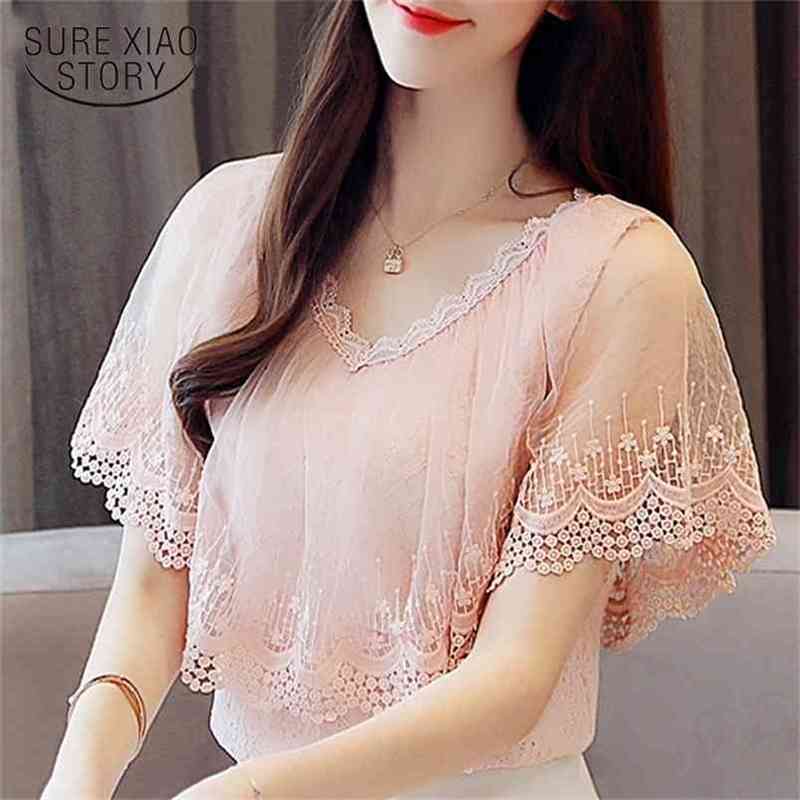 Women Tops and Blouses Summer Lace Blouse Shirt Fashion Short Sleeve Top Blusa Feminina 0788 30 210506