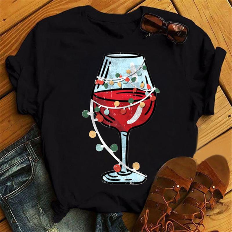 Women's T-Shirt ZOGANKIN Funny Christmas Wine Glasses Tops Girls Fashion T-shirts Unisex Casual Short Sleeve Black