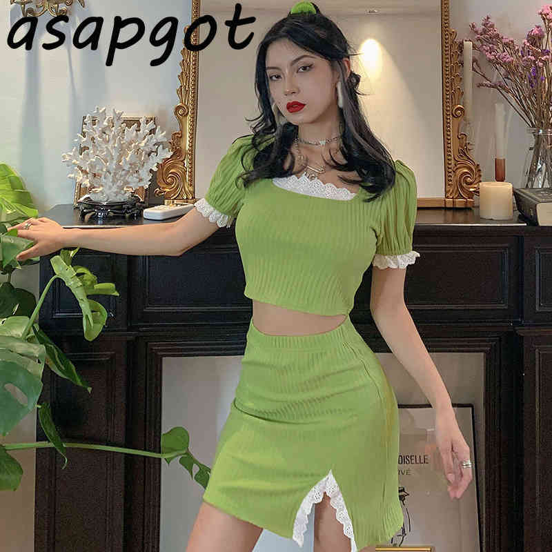 Sweet Girls Fresh Fashion Sets Lace Patchwork Square Neck Short Sleeve Tops Slim Mini Skirt Green Plus Size Summer Chic Korean 210429