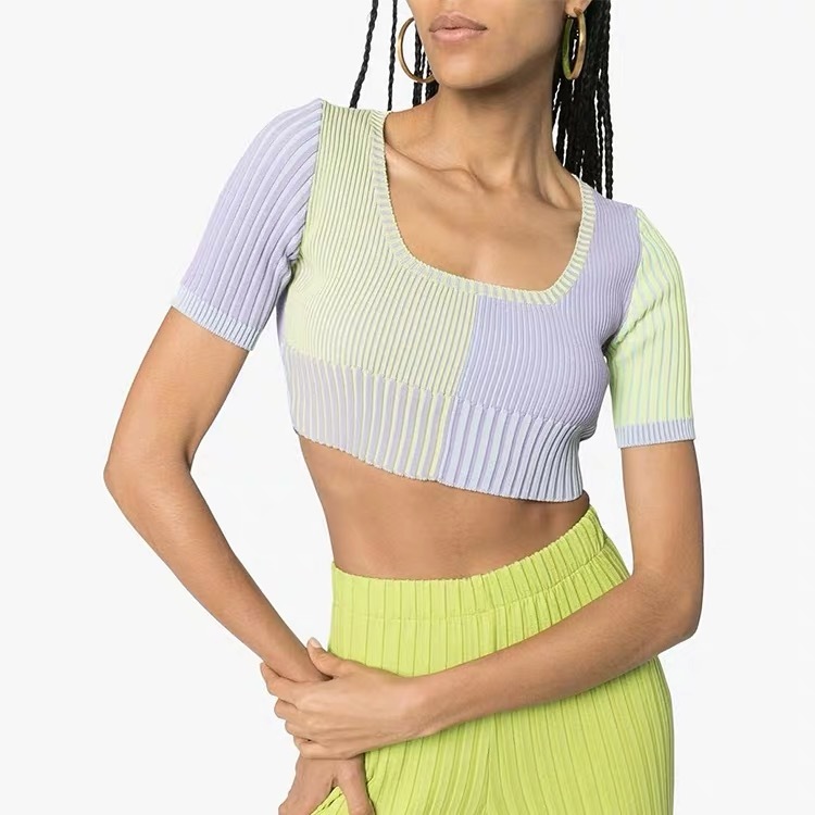 Short Tops Patchwork T Shirt women Sexy Slim T-shirt Vintage Knitted shirt harajukuTee Summer 210421