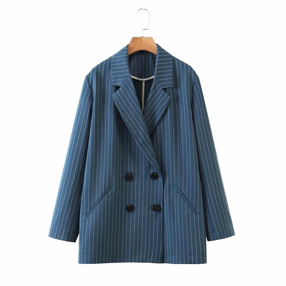 CHIC Double-breasted Button Women Striped Blazer Blue Elastic High Waist Harem Pants Long Sleeve Suits Set 2 pieces set 210429