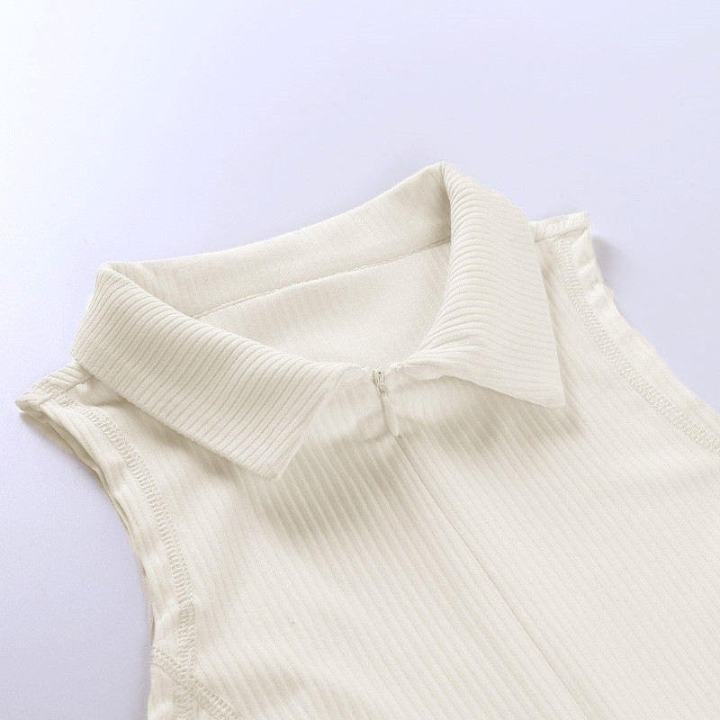 Turn-down Collar Front Zipper Tank Tops Women Sleeveless Slim Elastic Crop Knitted Cotton Lady Summer Casual 210514