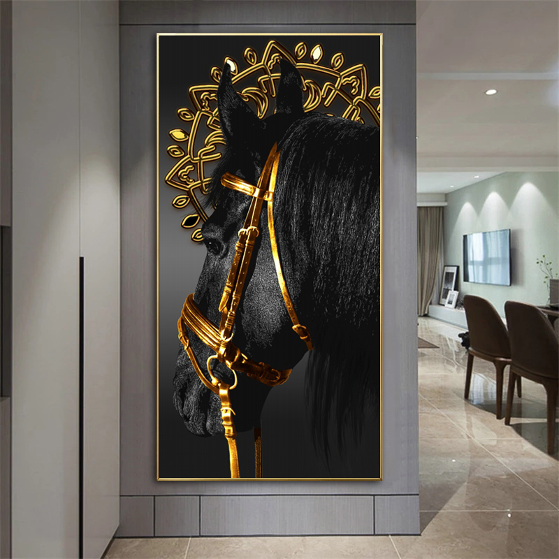 Golden Black Horse Poster Animal Canvas Prints Wall Art Pictures For Living Room Entrance Painting Modern Home Decor Cuadros