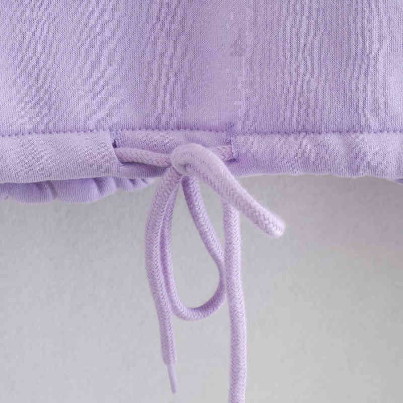 Casual Woman Oversized Purple Short Hoodies Fashion Ladies Autumn Long Sleeve Pullover Female Sweet Drawstring Tops 210515