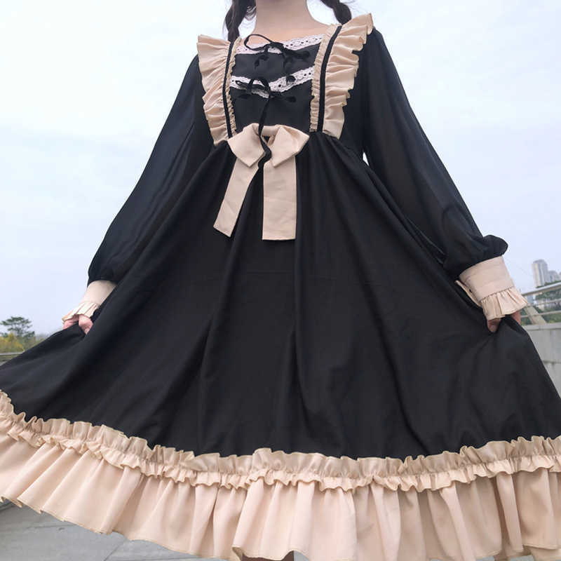 Japanese Harajuku Gothic Bandage Bow Splice Dress Sweet Lolita Girl Cosplay Kawaii Ruffle Party 210623