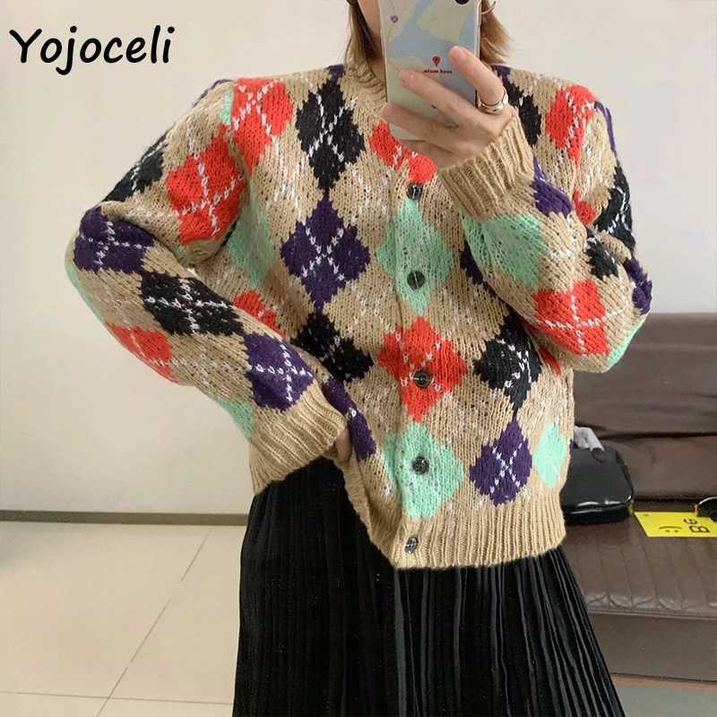 Yojoceli geometric plaid knit sweater cardigan women round neck casual loose jumper outerwear streetwear 210609