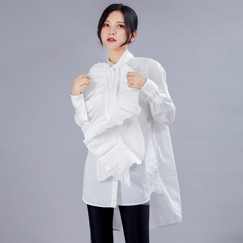 Elegant Black Patchwork Ruffle Shirt For Women Stand Collar Long Sleeve Solid Blouse Female Fashion Spring 210524