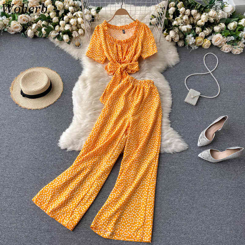 Women Pleated Wide-leg Pants Two Piece Sets Boho Floral Printed Bandage Crop Tops Outfits Woman Fashion 2 Pcs Suits 210519