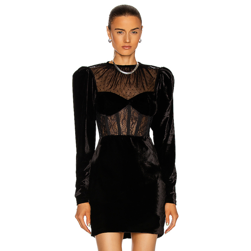 Free Spring Women's Lace Velvet Dress Sexy O-neck Long Sleeve Bodycon Club Night Party Mini Vestidos 210524