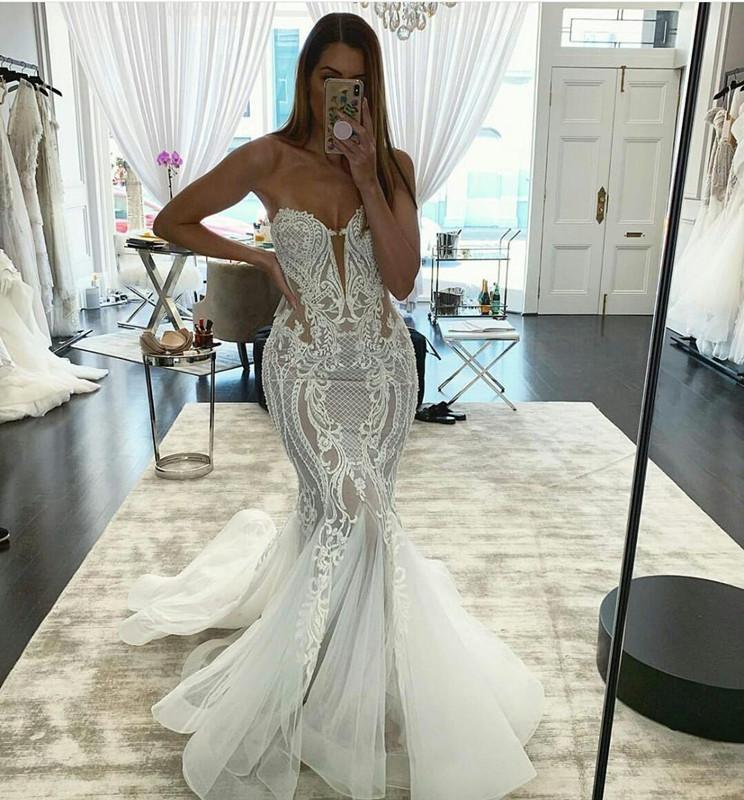 Wedding Arabic Mermaid Dresses Bridal Gowns Pearls Beadings Tulle Sweetheart Sleeveless Illusion Sheer Lace Appliques Plus Size Vestidos De Novia Lz03