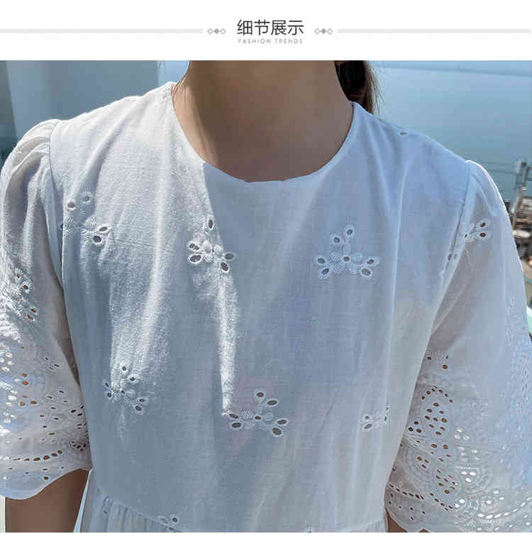 Retro Fashion Elegant White Cotton Hollow Embroidery Party Dress Women Summer Short Sleeve Casual Loose Dresses Female Vestidos 210519