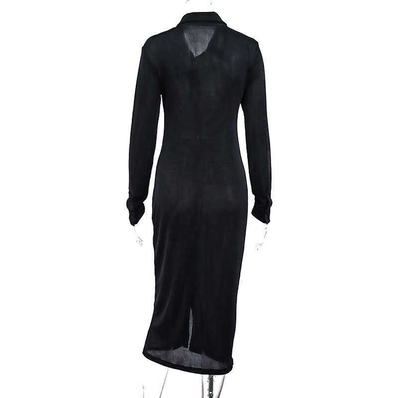 Coysmo Winter Black Dress Women Sexy Split Button Long Sleeve Casual Dresses See Through Midi Shirt Robe Female Party Wear 210527