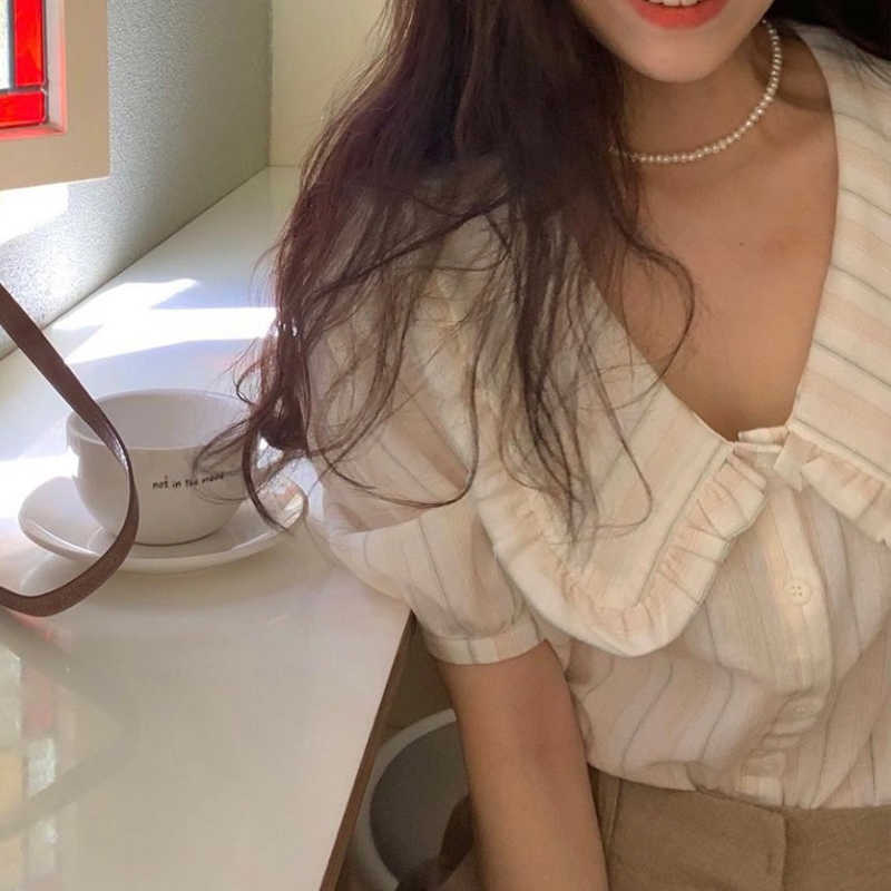 Korejpaa Women Shirt Korea Summer Gentle Elegant Doll Collar Striped Single-breasted Loose Joker Bubble Sleeve Blouse Top 210526