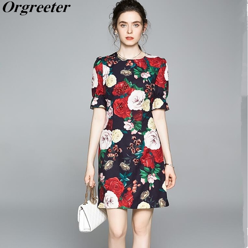 

Summer Fall Runway Design High-end Women's Temperament Peony Printed Beaded Short Flare sleeved Dress Retro 210525, Picture color