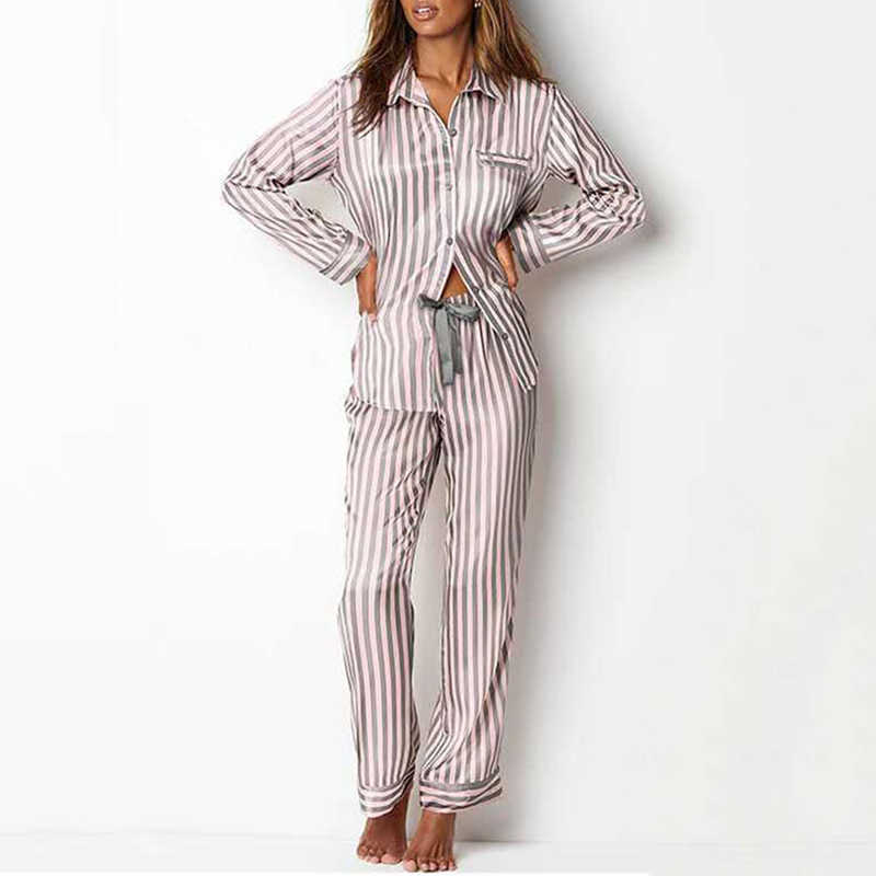 Satin Pajamas for Women Set Summer Autumn Silk Sleepwear Long Sleeved Turn-down Collar Nightwear Pjs Lounge Wear Drop 210924