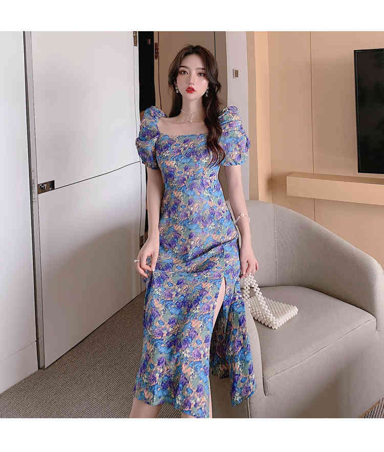 French Vintage Floral Dress Summer Puff Sleeve Women Square Collar Sexy Split Casual Ladies Party 210519