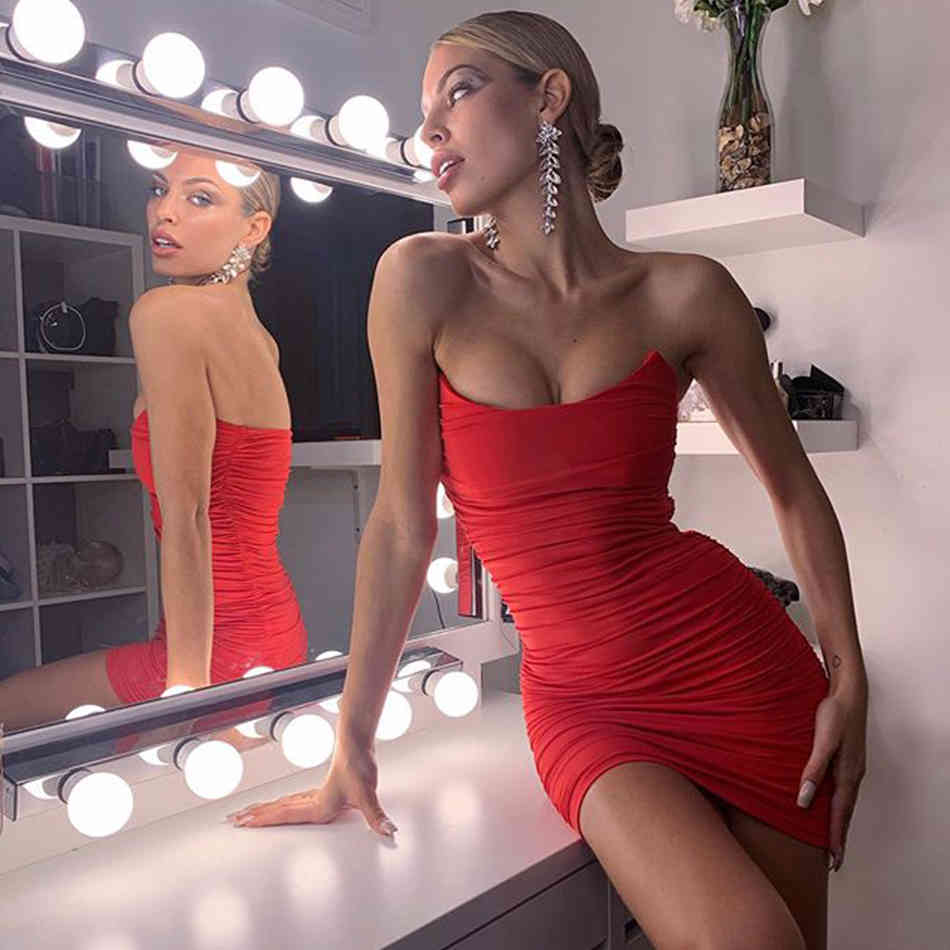 Summer Women Red Sleeveless Bodycon Bandage Dress Vesitido Sexy Strapless Black Mini Club Celebrity Runway Party 210423