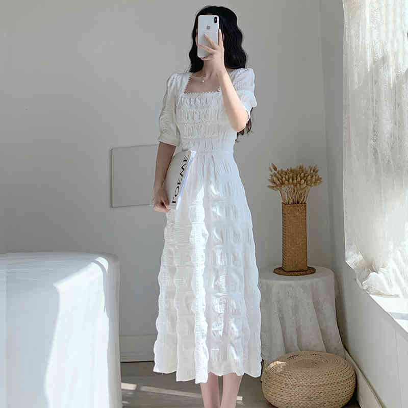 Dress Korean Folds Puff Sleeve Square Collar Midi Dress Women Evening Party Female Dress Summer Vintage Elegant 210521