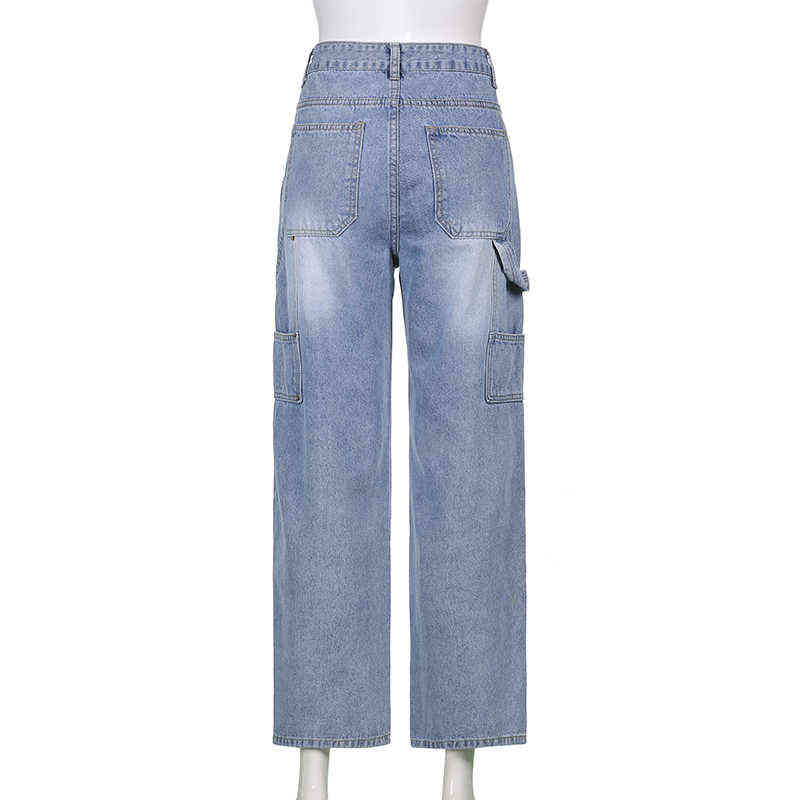 Weekeep Streetwear High Waist Jeans Women Baggy Cargo Pants Patchwork Denim Straight Trousers Autumn Casual Korean Harajuku 211112