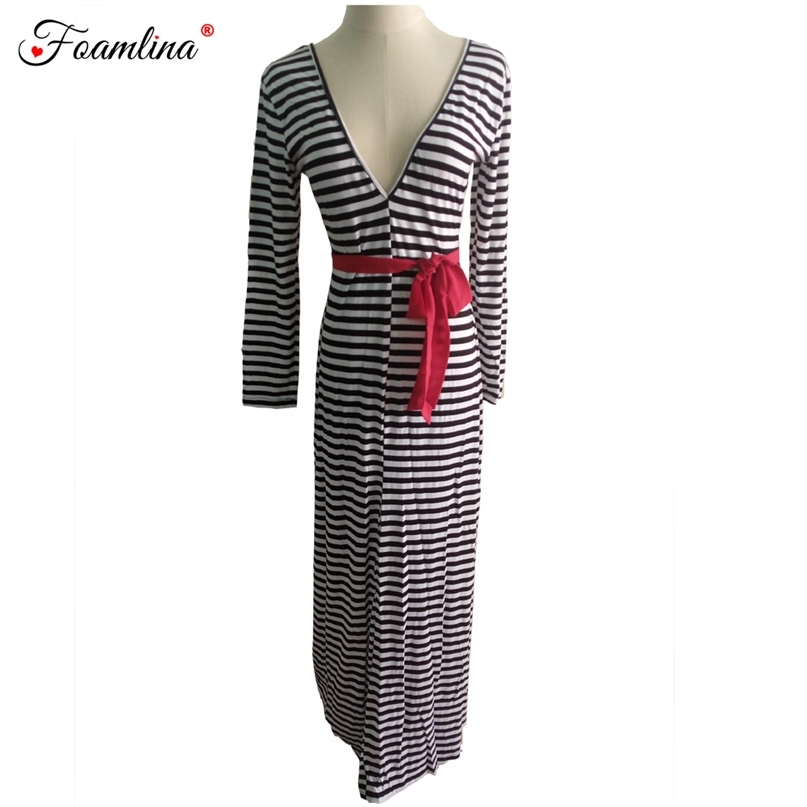 Fashion Autumn Winter Dress Womens White and Black Striped Pattern Print Long V Back Sleeve Maxi es 210603