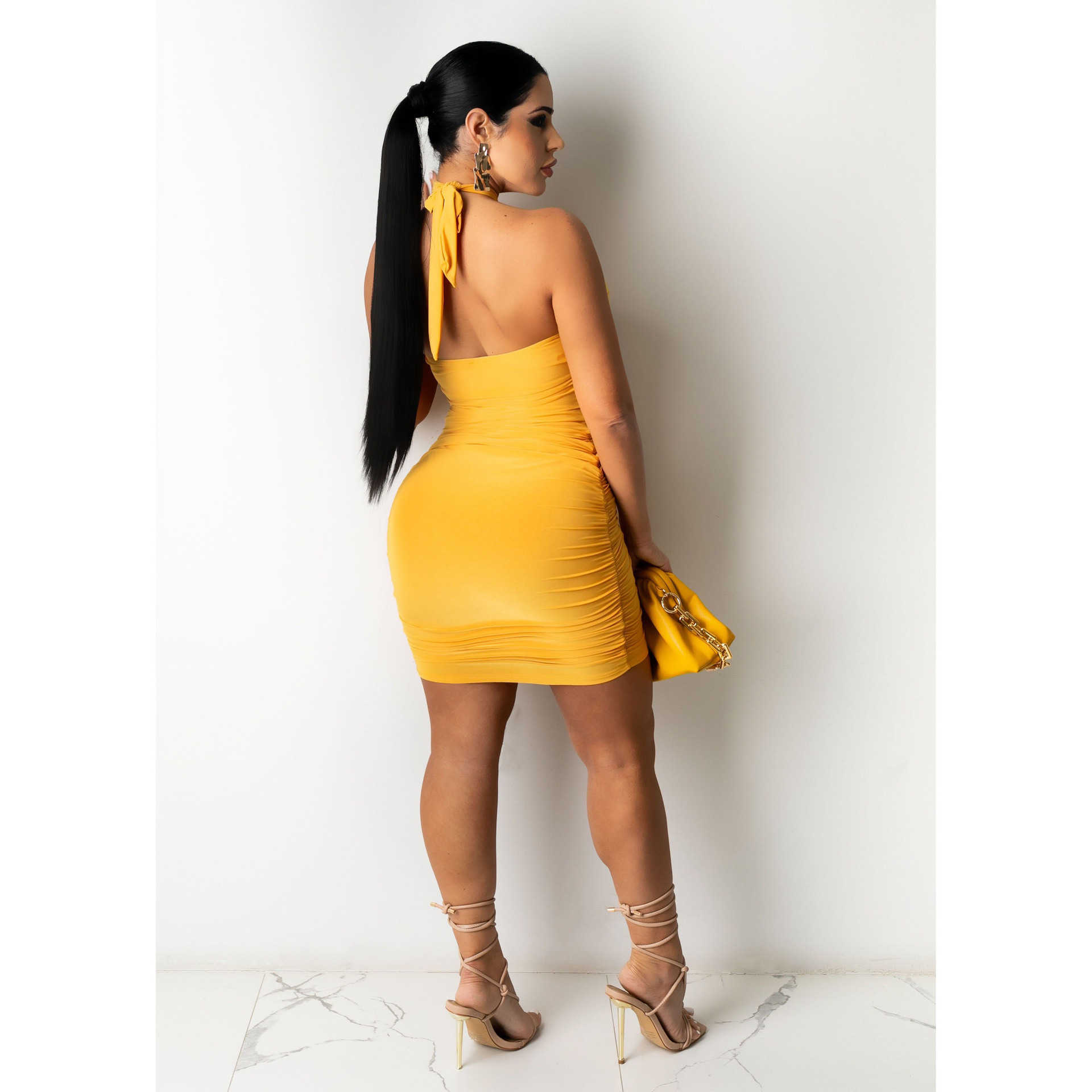 Women Halter Backless Bodycon Pleated Mini Dress 210702