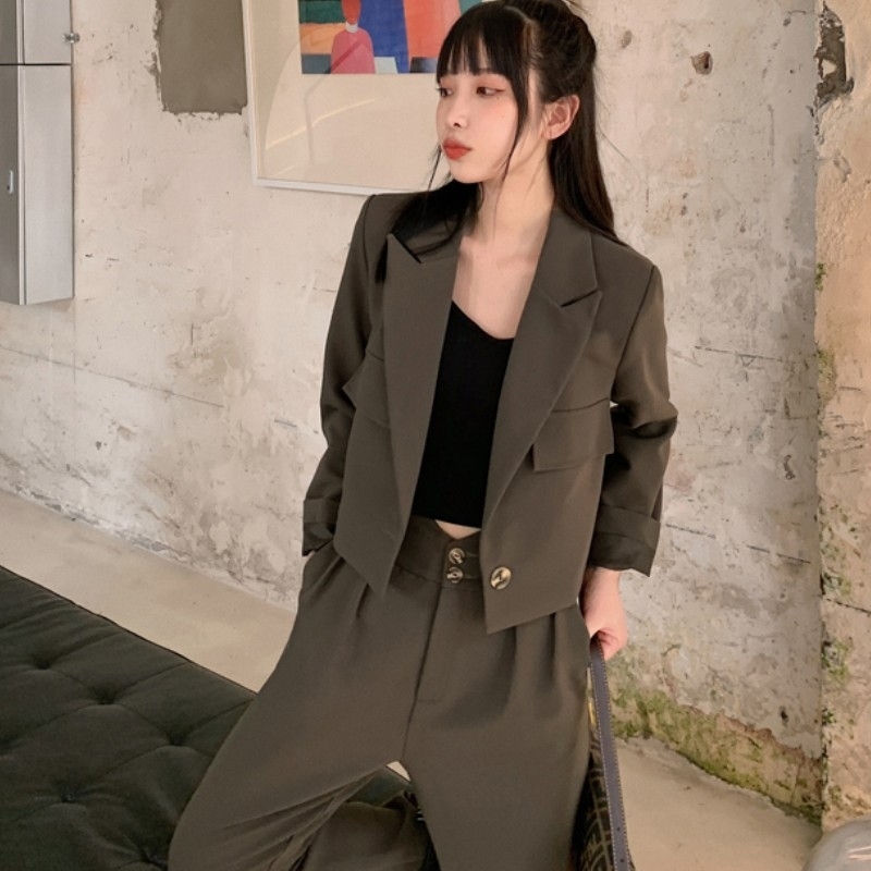 2 Piece Sets Womens Outfits Ladies Office Notched Collar Long sleeve Sexy Short Blazer Coat and High Waist Pants Suit 210519