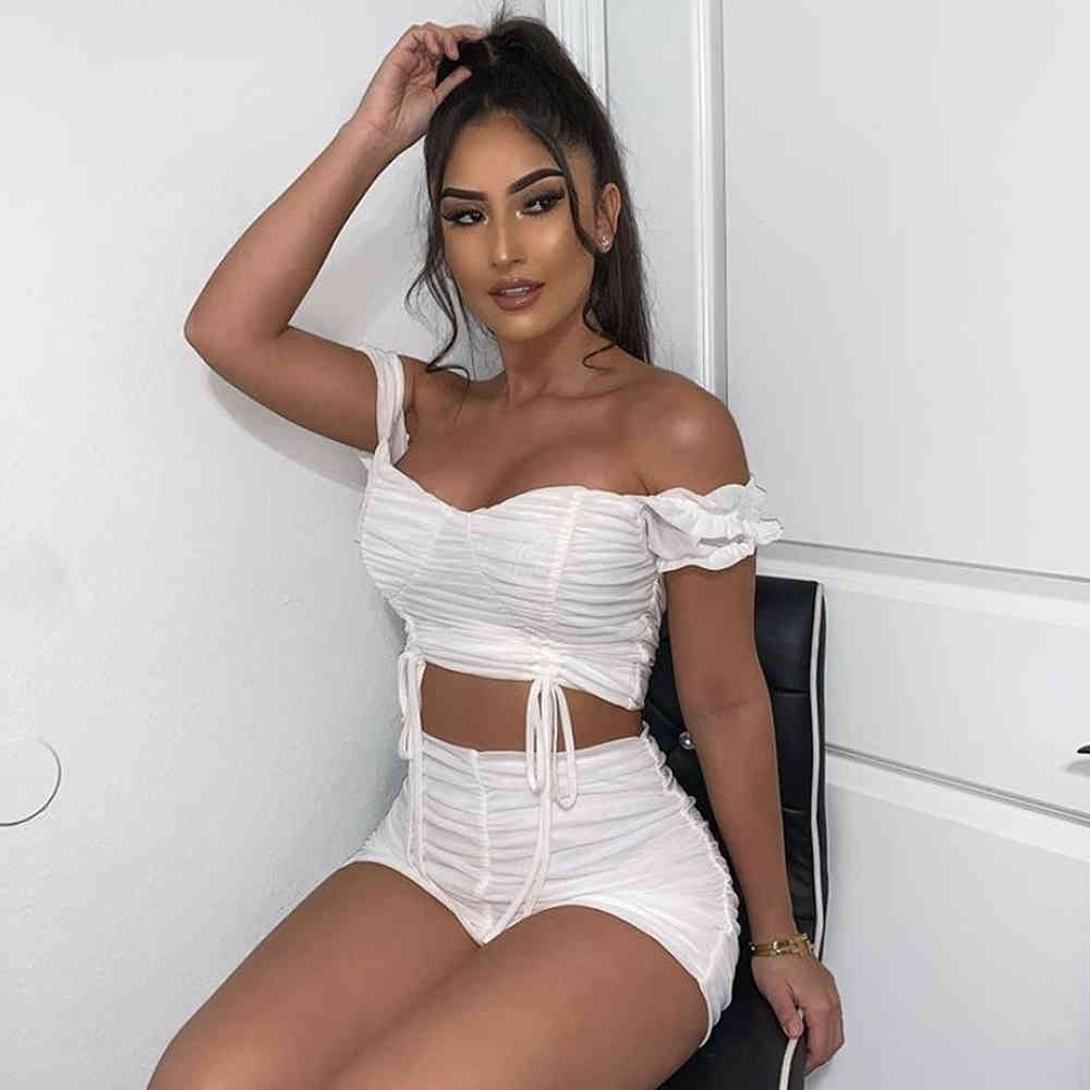 Summer Women White Lace 2 Two Pieces Sets Sexy Off Shoulder Short Sleeve Tops & Shorts Casual Club Party 210423