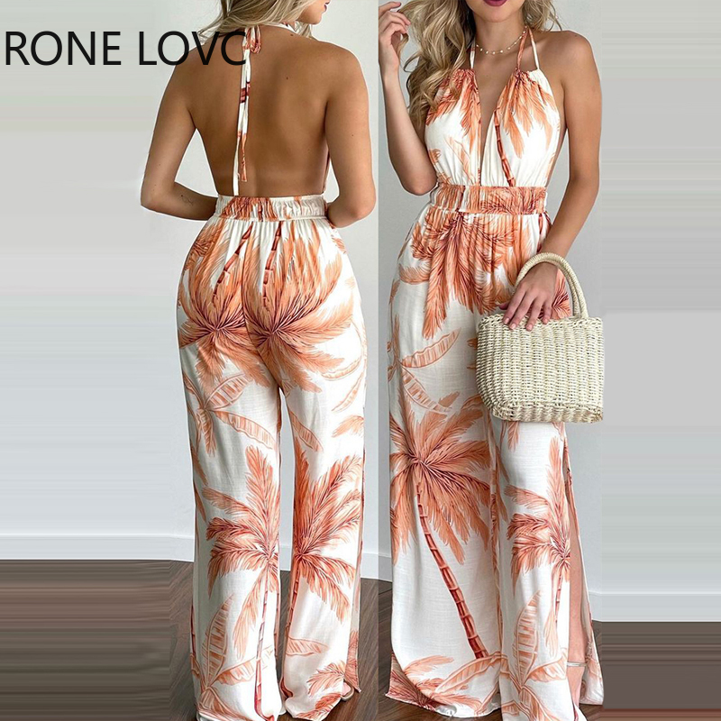 Women Jumpsuits Outfits Summer Jumpsuit Tropical Print Halter V Neck Jumpsuit, Green
Women Jumpsuits Outfits Summer Jumpsuit Tropical Print Halter V Neck Jumpsuit, Green