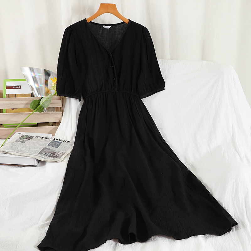 LoveFlowerLife Summer Casual Solid Sweet Dress A Line V Neck Single Breasted High Waist Mid-Calf Women Dresses 210521