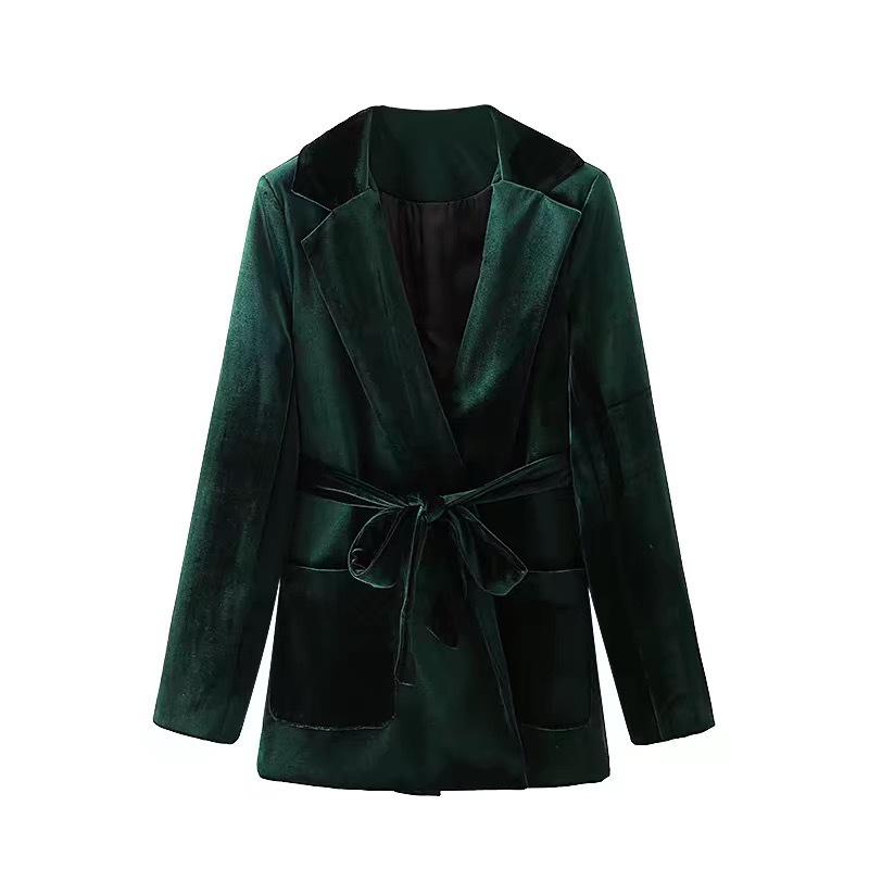 Autumn Winter Tie Bow Velvet Blazer CHIC Women Velour Mid Long Office Lady Suit OL Coat Outwear 210429