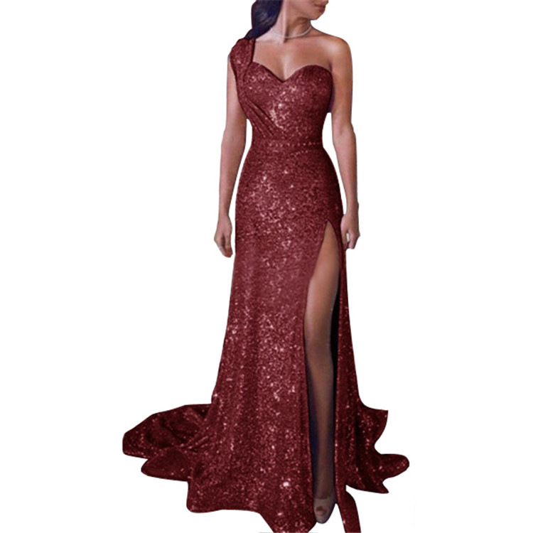 Women's One Shoulder Sexy Sleeveless Elegant Mermaid Long Party Dress for Sequined Formal 210428