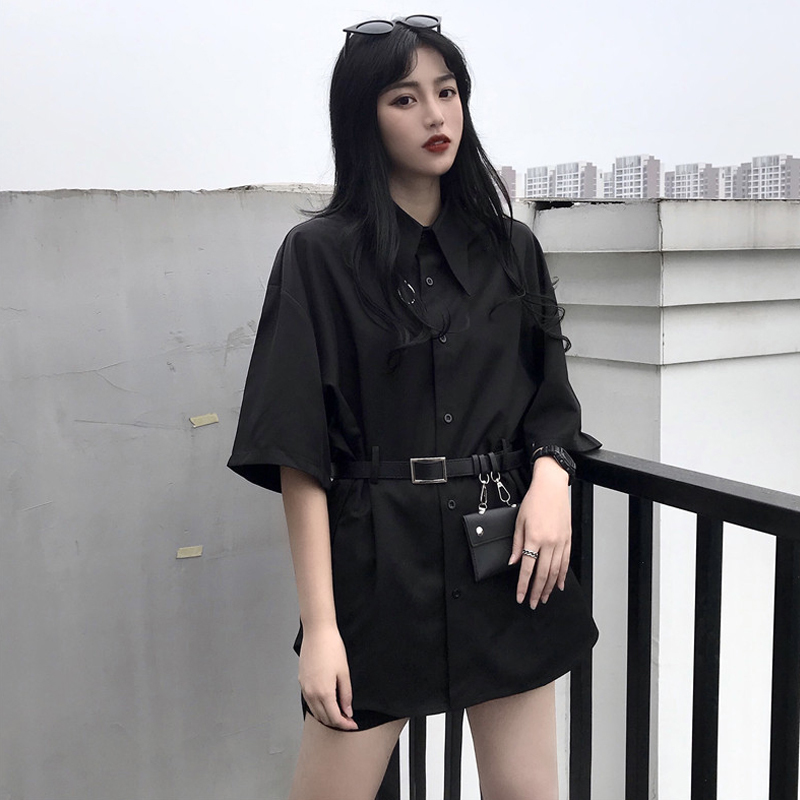 Korean Loose Long Shirt Women Summer Top Black Blouse Harajuku Style Streetwerar Blusas with Belt Wallet 22879 210519