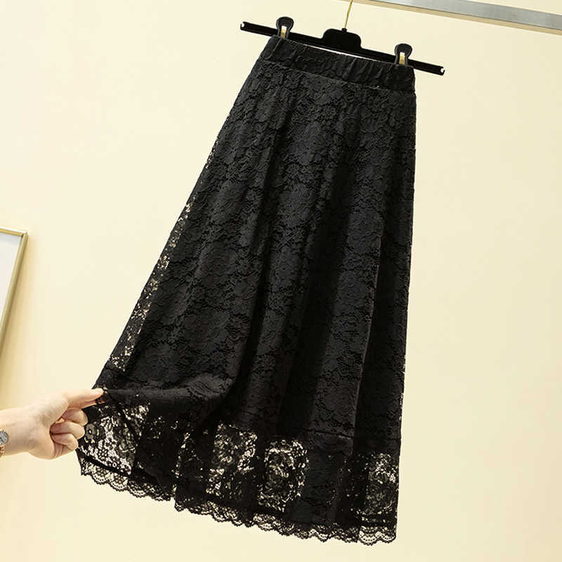 Summer Black Lace Long Skirt Faldas Plus Size Loose High Waist Women s A- Line Midi for s 9833 210619